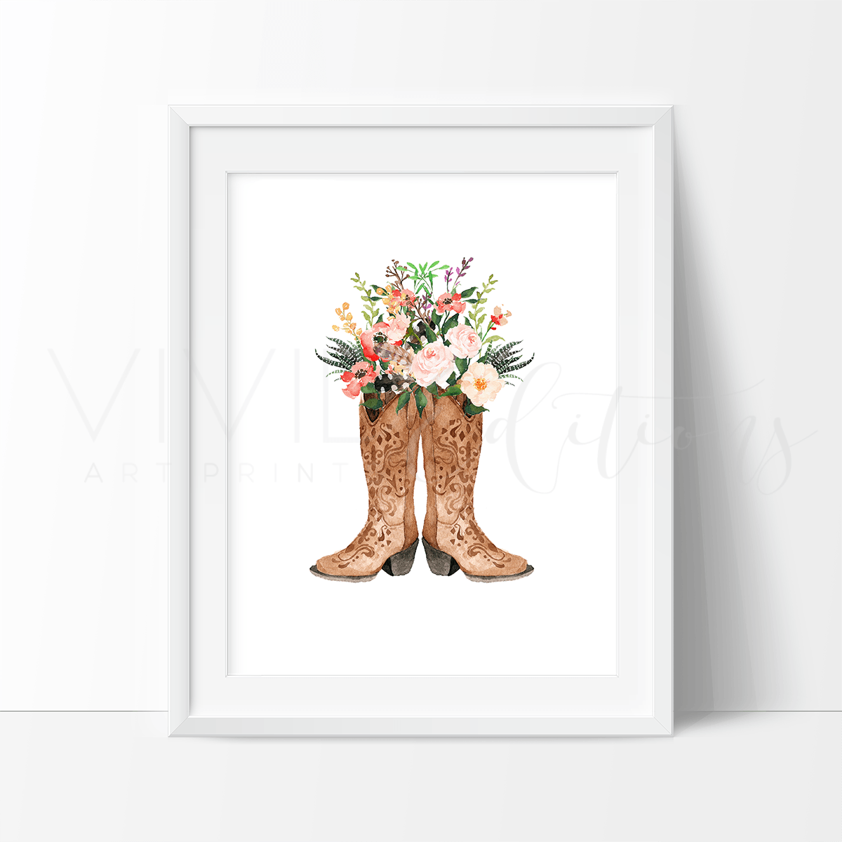 Floral Cowgirl Boots, Boho Art Print - VividEditions