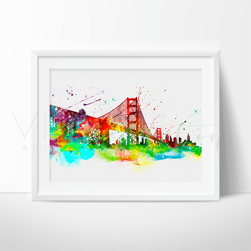 Golden Gate Bridge, San Francisco Skyline Watercolor Art Print Print - VividEditions