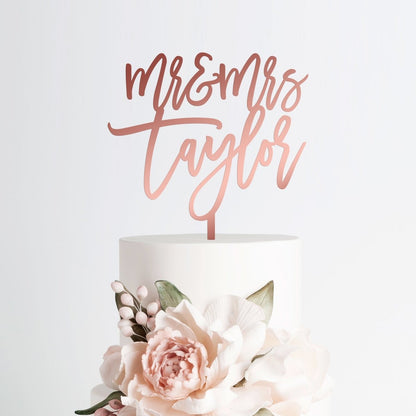 Mr & Mrs Last Name Wedding Cake Topper, Trendy Cake Topper - VividEditions