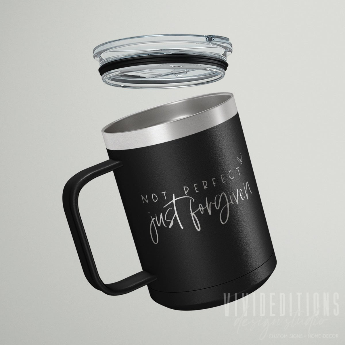 "Not Perfect Just Forgiven" Engraved Travel Coffee Mug with Slider Lid - 15oz (16 color options) Tumblers - VividEditions