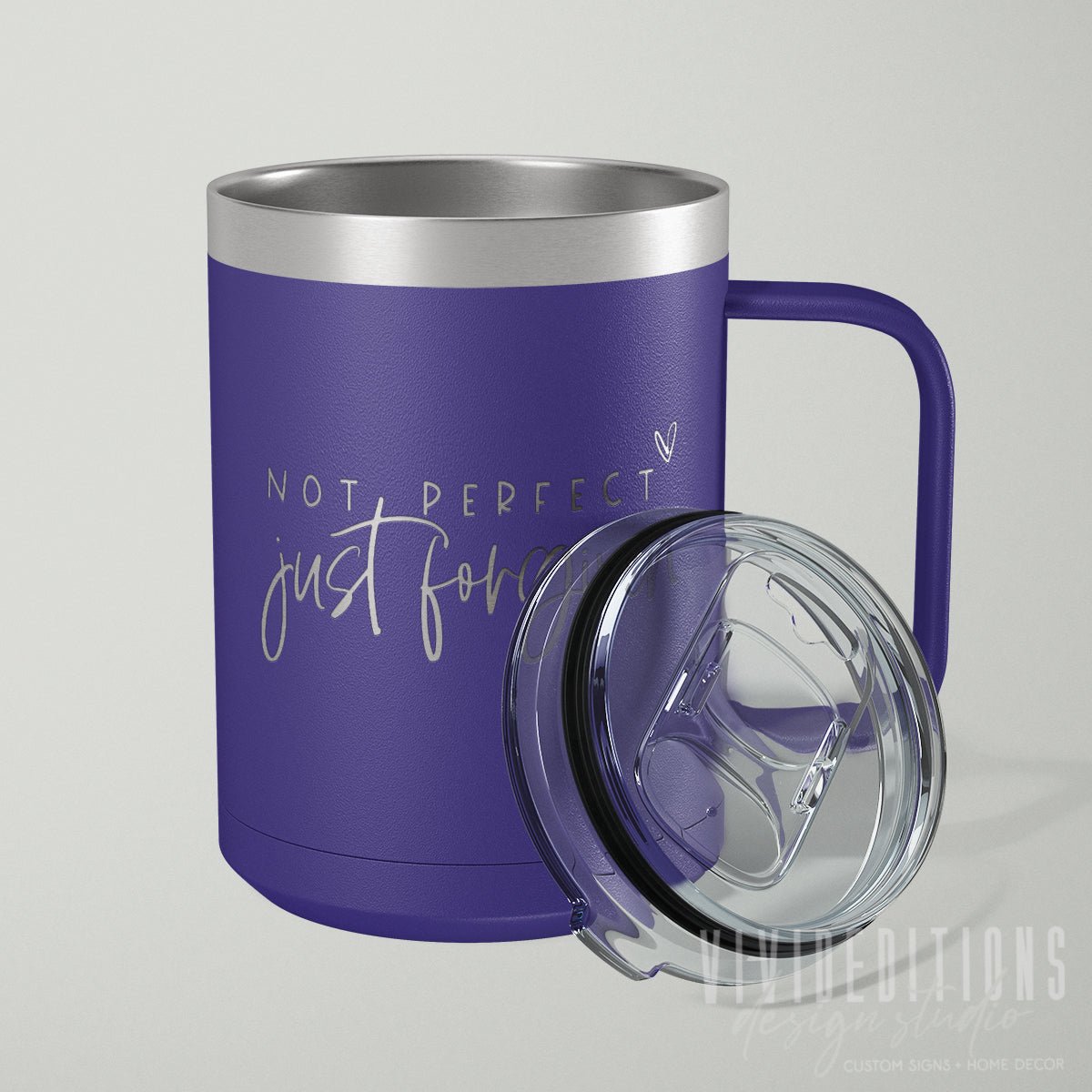 "Not Perfect Just Forgiven" Engraved Travel Coffee Mug with Slider Lid - 15oz (16 color options) Tumblers - VividEditions