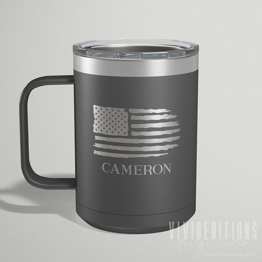 Personalized Engraved Flag Travel Coffee Mug with Slider Lid - 15oz (16 color options) Tumblers - VividEditions