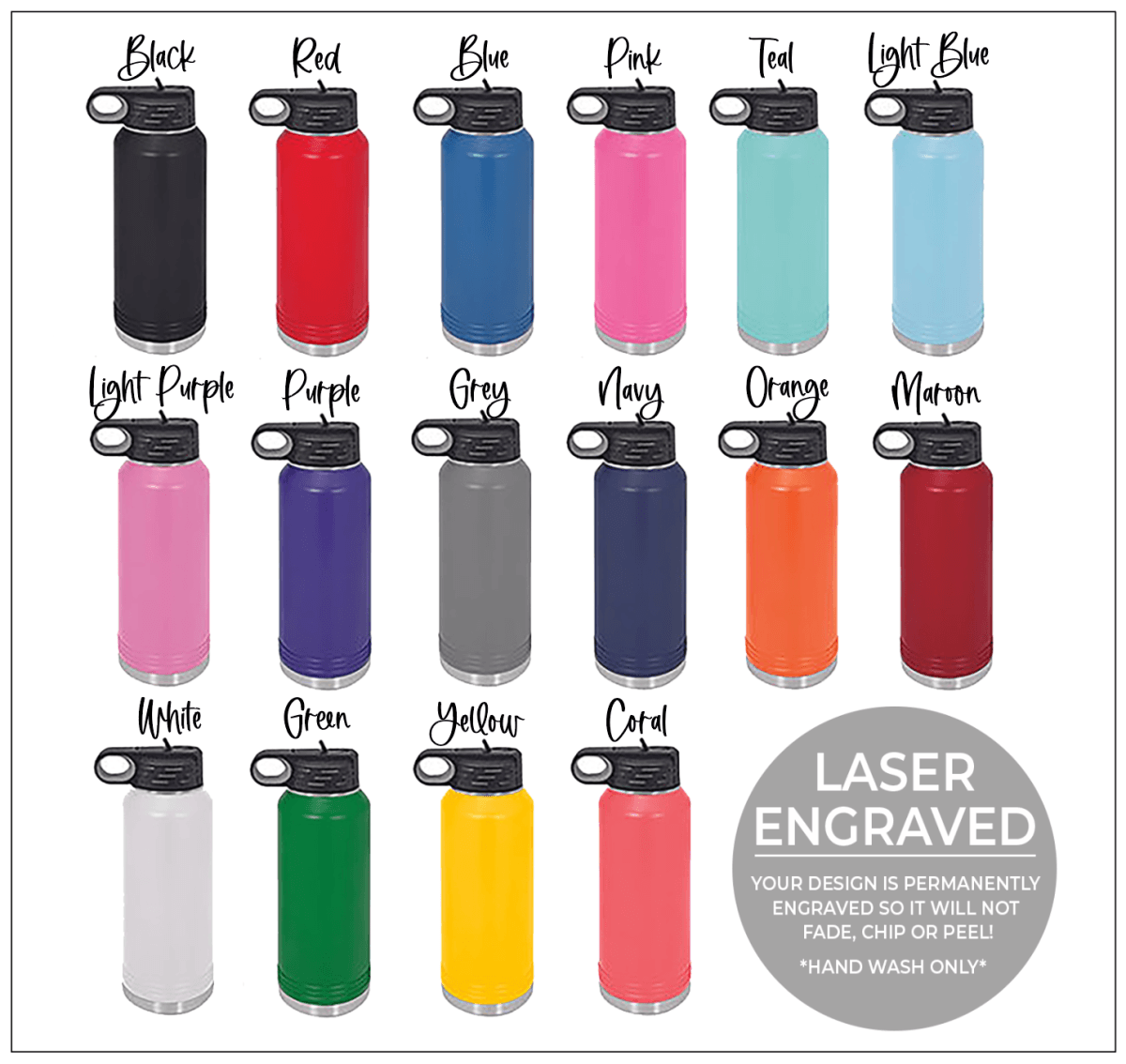 Personalized Engraved Water Bottle - 32oz (more fonts / 16 colors) Tumblers - VividEditions
