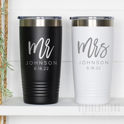 Personalized Mr & Mrs Bride Groom Engraved Wedding Tumbler Set - 20oz Tumblers - VividEditions