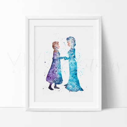 Princess Elsa & Anna Watercolor Art Print Print - VividEditions