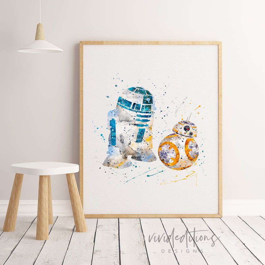 R2D2 & BB8, Star Wars Watercolor Art Print Print - VividEditions