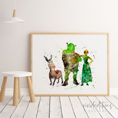 Shrek, Donkey & Fiona Watercolor Art Print Print - VividEditions