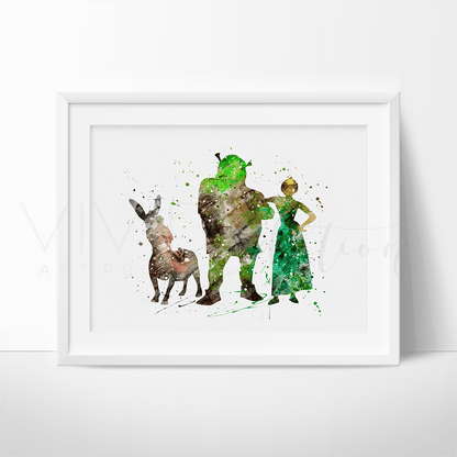 Shrek, Donkey & Fiona Watercolor Art Print Print - VividEditions