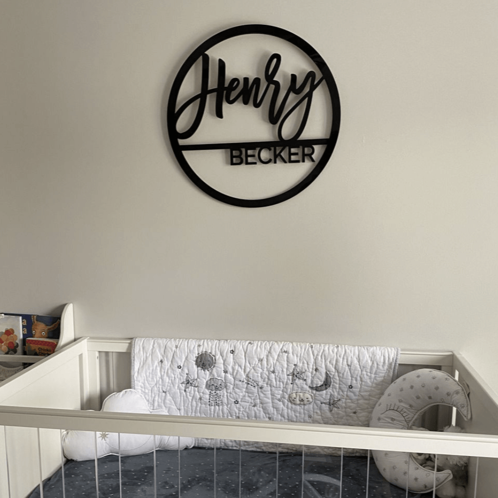 Split Round First + Middle Name Sign, Black Acrylic - VividEditions