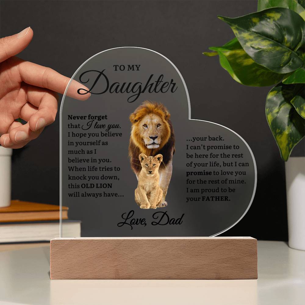 To My Daughter From Dad | This Old Lion - Acrylic Heart Plaque w/ LED Base Jewelry - VividEditions