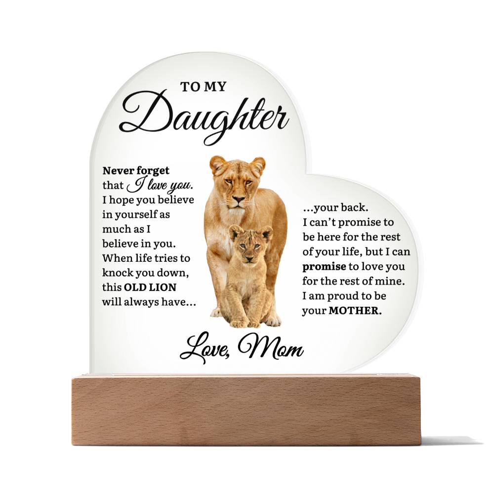 To My Daughter From Mom | This Old Lion - Acrylic Heart Plaque w/ LED Base Decor - VividEditions