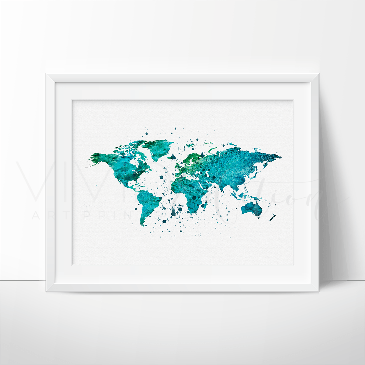 World Map, Green Watercolor Art Print Print - VividEditions