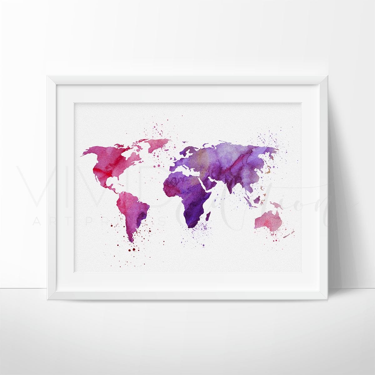 World Map, Purple Watercolor Art Print Print - VividEditions